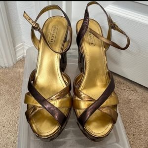 Coach gold and brown wedge shoes sz 9.5